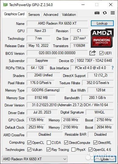 Видеокарта Sapphire AMD Radeon RX 6650 XT nitro+