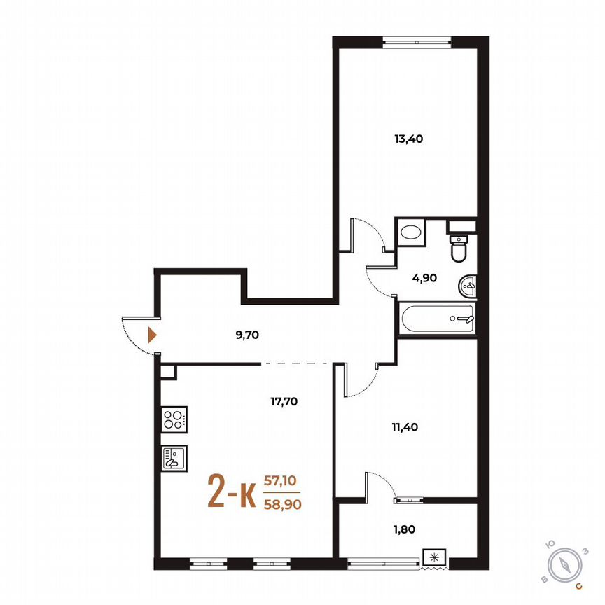 2-к. квартира, 58,9 м², 2/8 эт.