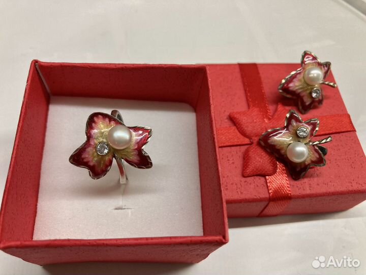 Кольцо + серьги из серебра с жемчугом
