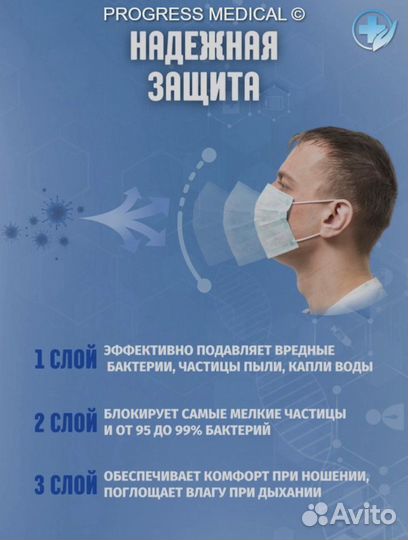 Маска одноразовая медицинская 100 шт