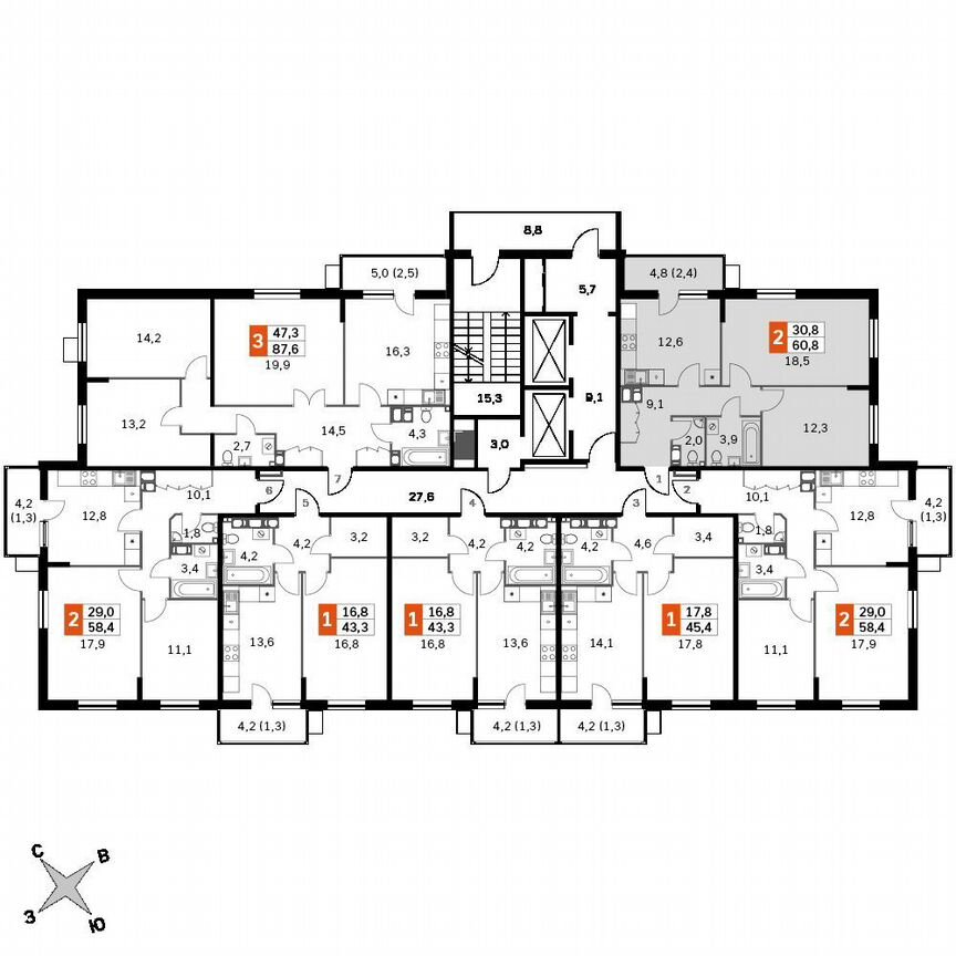 2-к. квартира, 58,4 м², 16/22 эт.