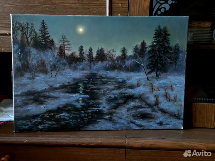 Картина маслом Лунная ночь Деревенский пейзаж