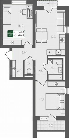 2-к. квартира, 66,4 м², 2/4 эт.
