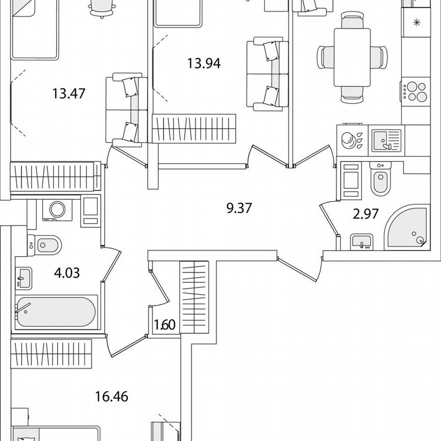 3-к. квартира, 77,1 м², 4/9 эт.