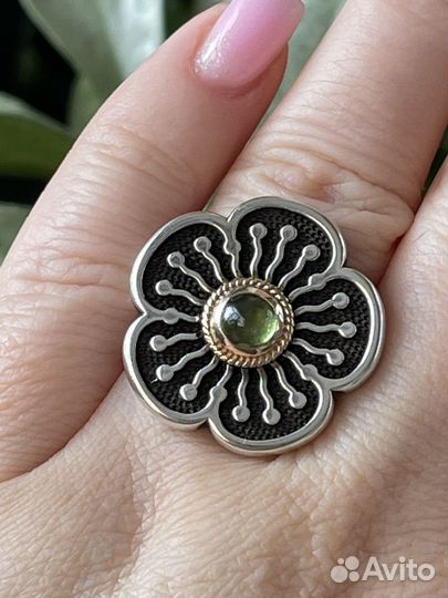 Кольцо серебро золото хризолит