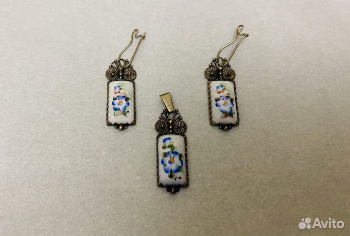 Набор бижутерии кулон и серьги скань финифть СССР