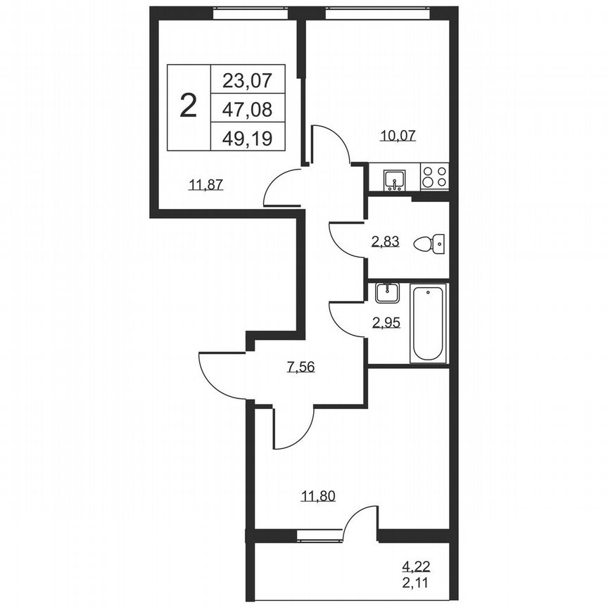 2-к. квартира, 49,2 м², 2/19 эт.