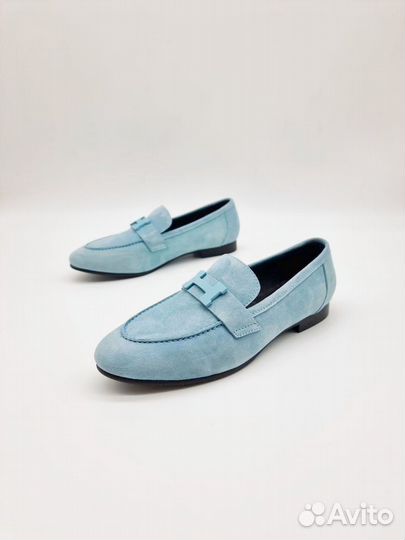 Женские лоферы Hermes голубые замшевые