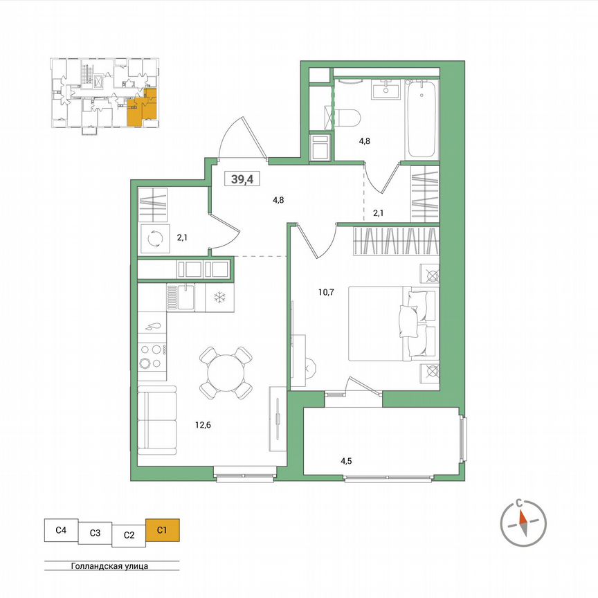 1-к. квартира, 39,4 м², 4/11 эт.