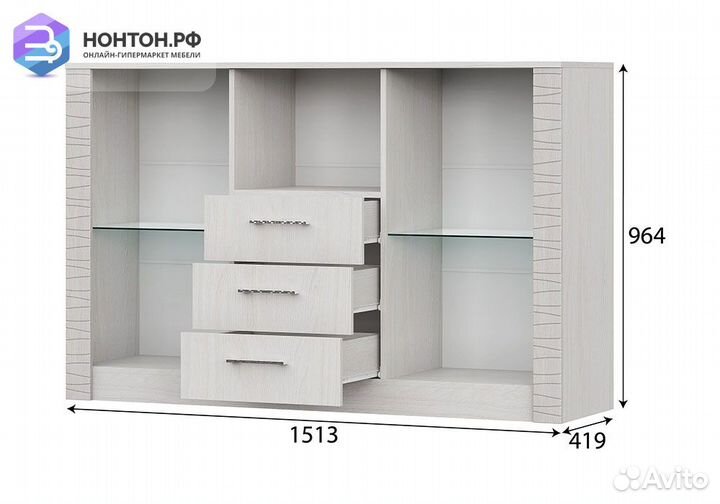 Комод Вирджиния со стеклом ясень анкор светлый / с
