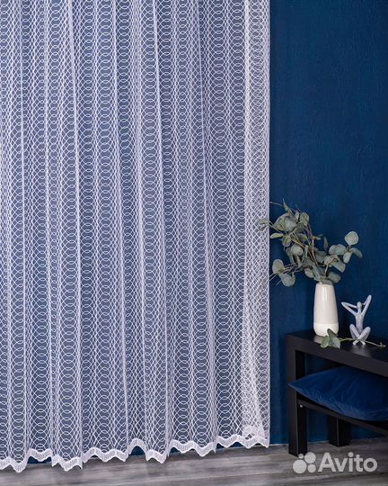 Тюль дентель Ажур холодный белый готовый пошив