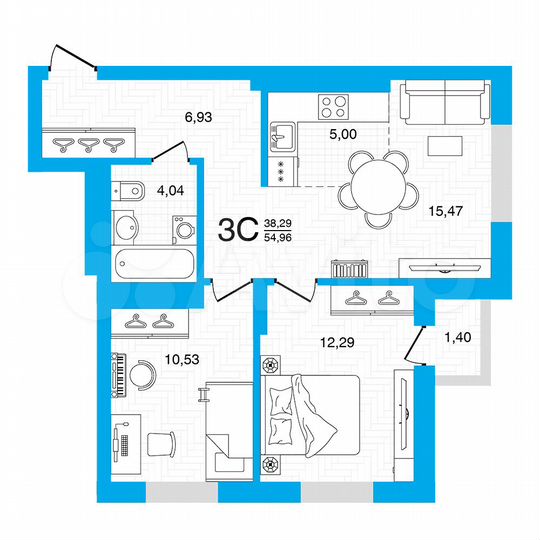 3-к. квартира, 55 м², 18/22 эт.