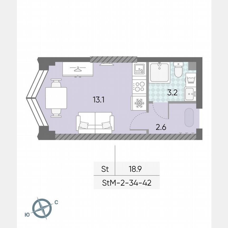 Квартира-студия, 18,9 м², 38/43 эт.
