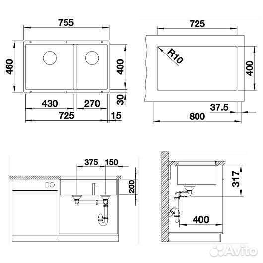 Мойка кухонная Blanco Subline 430/270-U 523151 антрацит