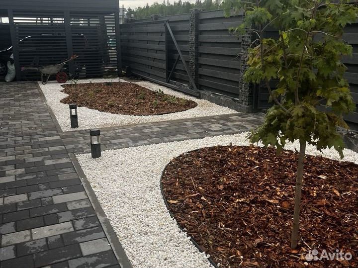 Благоустройство участка, газон, габионы, забор