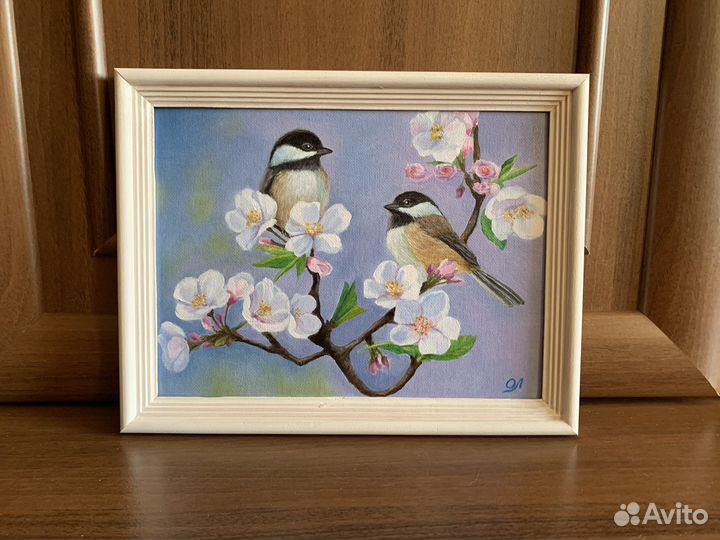 Картина маслом «Птицы на цветущей ветке»