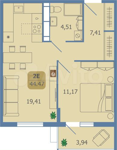 2-к. квартира, 44,4 м², 15/16 эт.