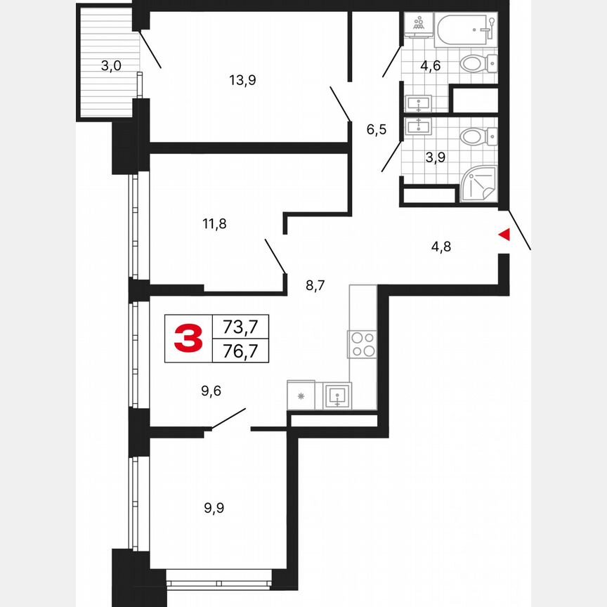 3-к. квартира, 76,7 м², 13/29 эт.