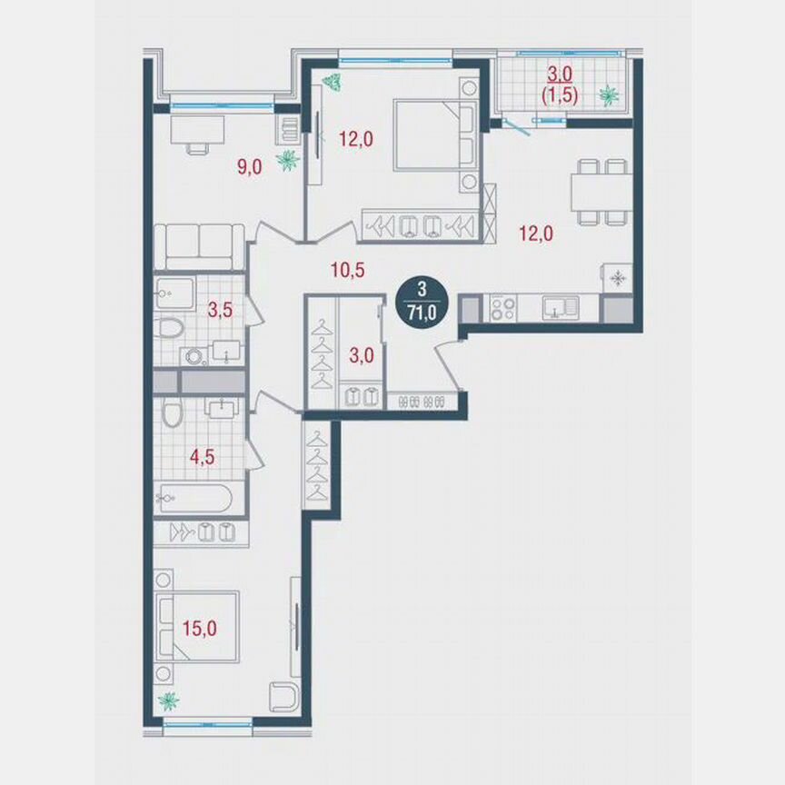 3-к. квартира, 71 м², 4/26 эт.