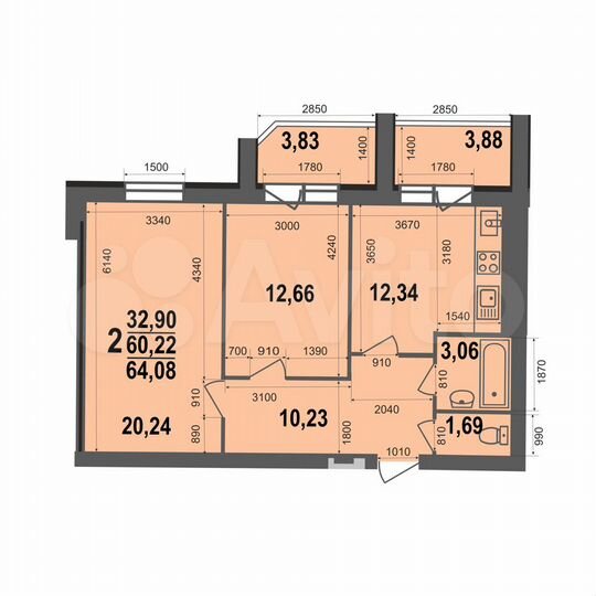 2-к. квартира, 64,1 м², 1/5 эт.