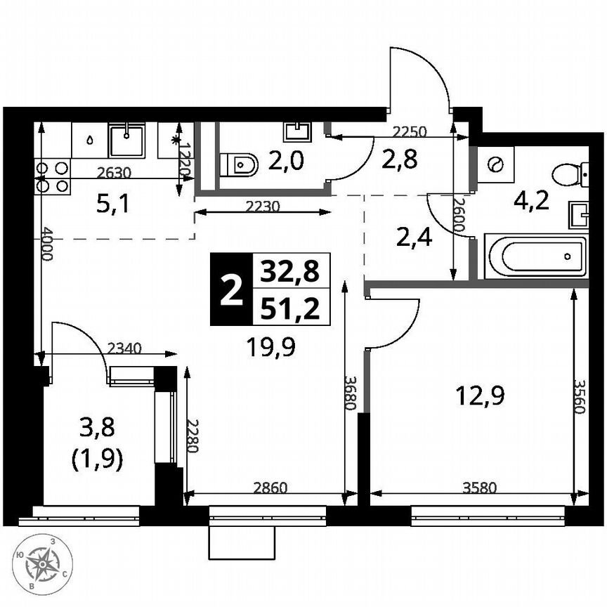 1-к. квартира, 51,2 м², 17/18 эт.