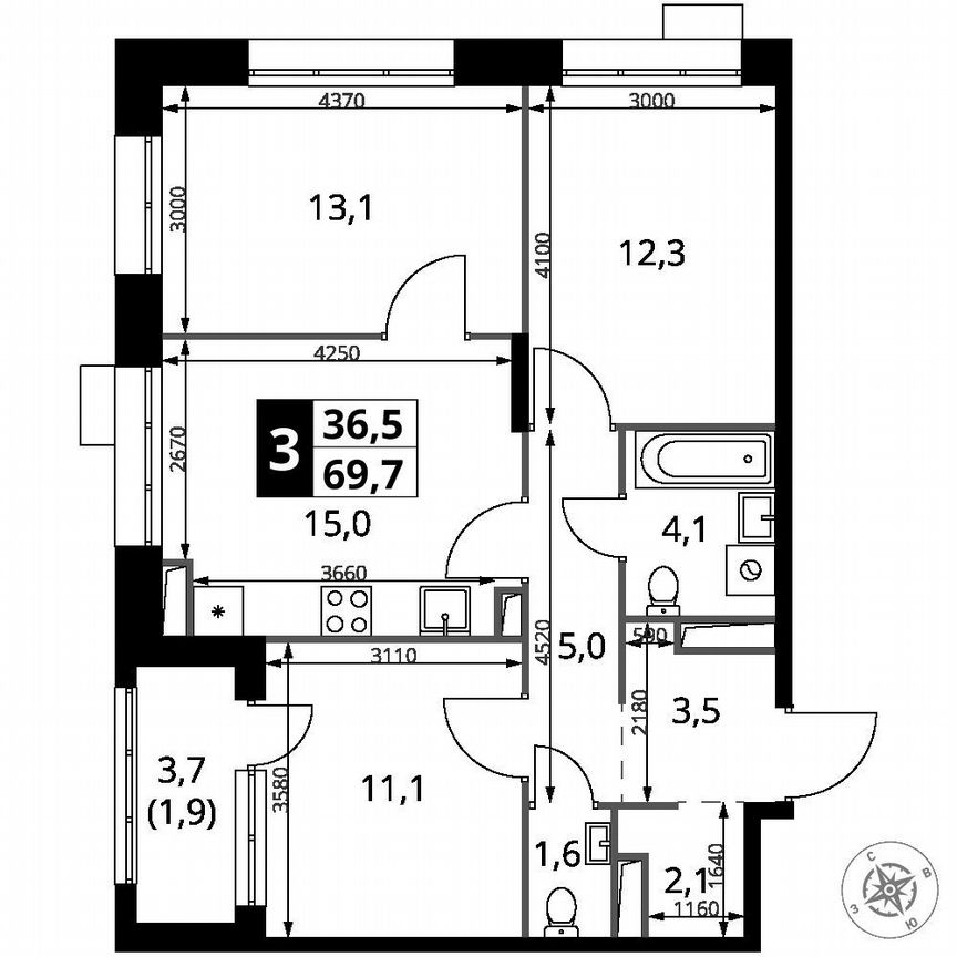 3-к. квартира, 69,7 м², 20/21 эт.