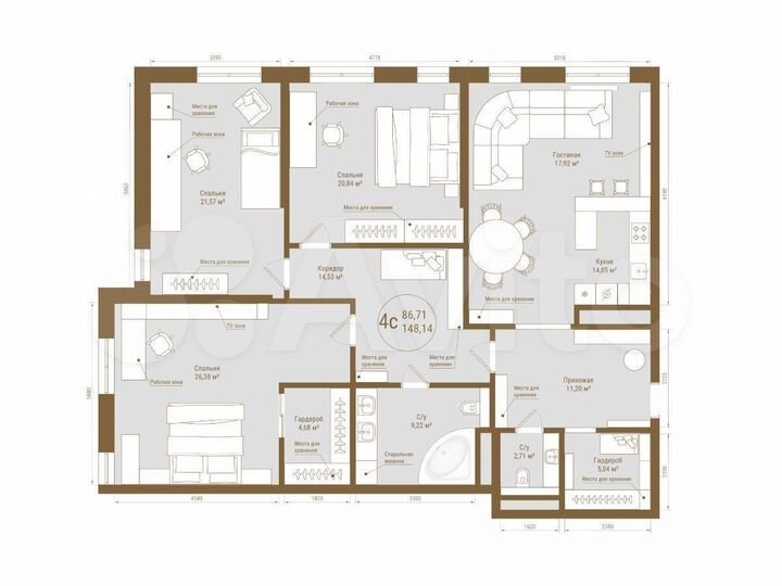 4-к. квартира, 148,1 м², 10/25 эт.