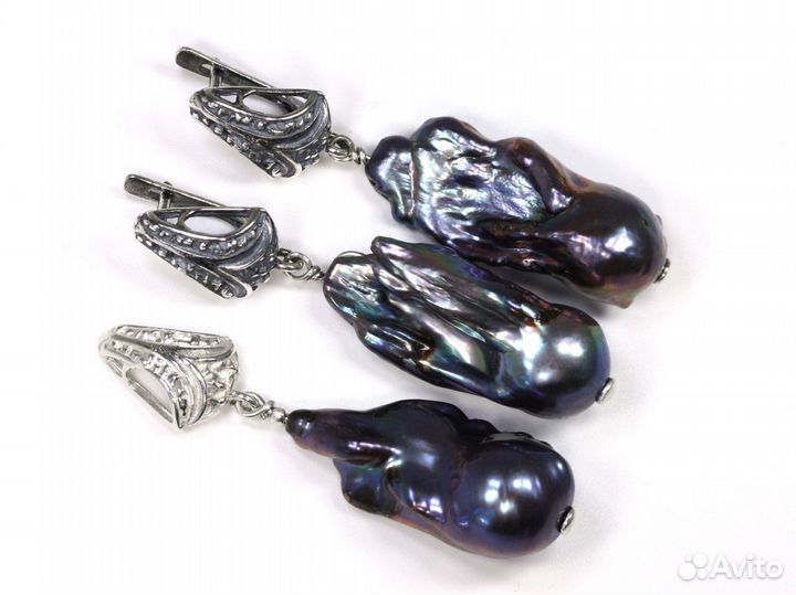 Шикарный жемчуг, комплект серьги и кулон. Серебро