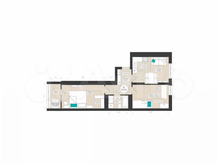 3-к. квартира, 51 м², 18/27 эт.