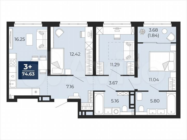 3-к. квартира, 74,6 м², 4/21 эт.