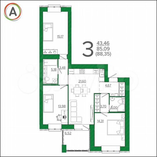 3-к. квартира, 88,8 м², 3/10 эт.