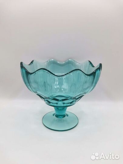 Ваза на ножке Конфетница Голубое стекло СССР
