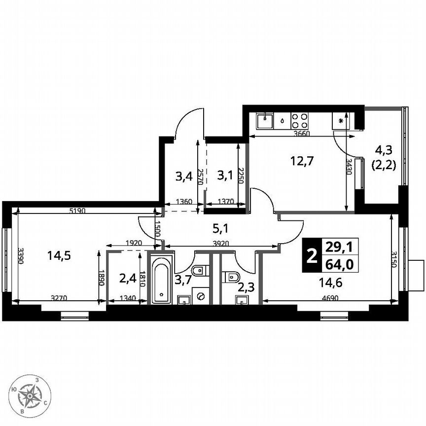 2-к. квартира, 64 м², 11/18 эт.