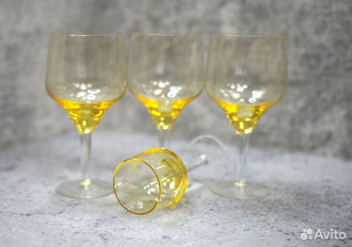 Бокалы желтое стекло СССР 4 рюмки стопки фужеры