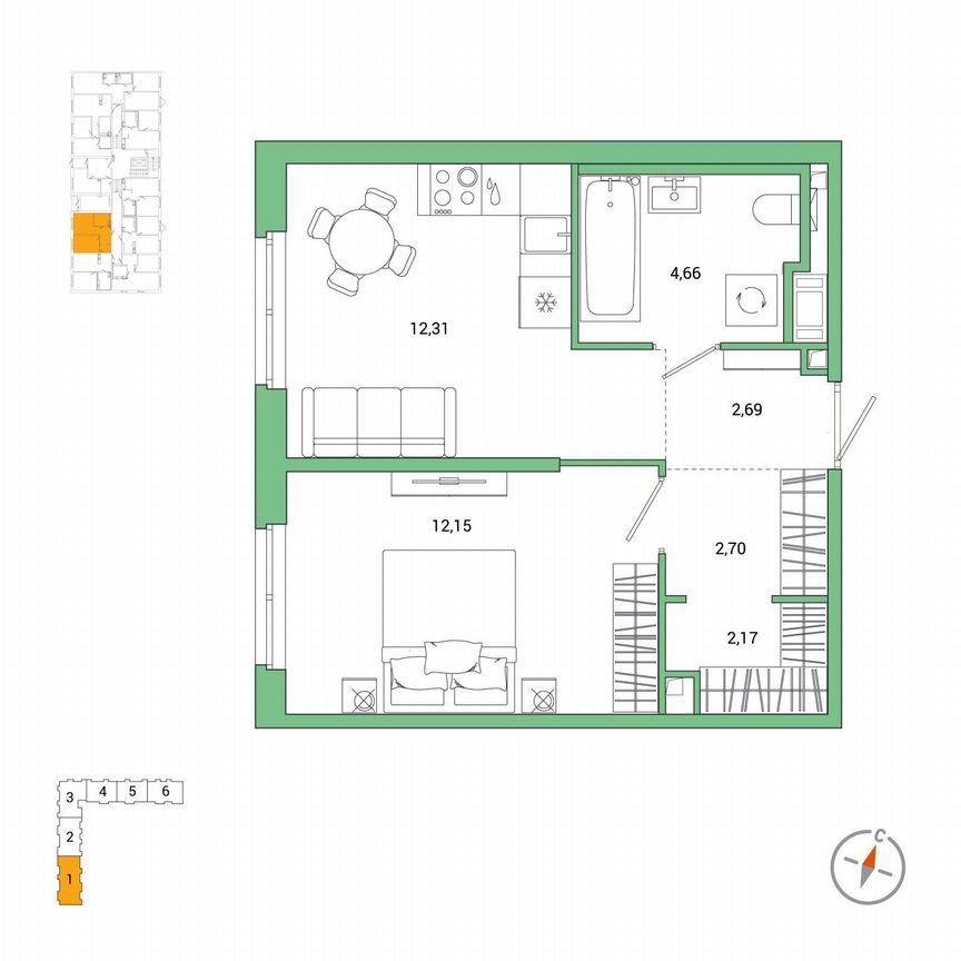 1-к. квартира, 36,7 м², 1/7 эт.
