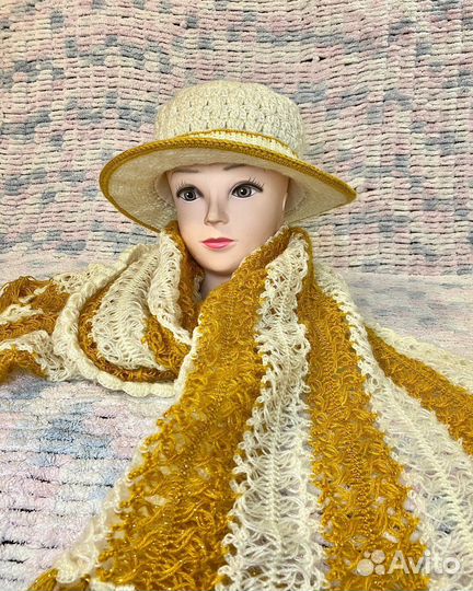 Палантин и шляпа, вязанные, ручная работа
