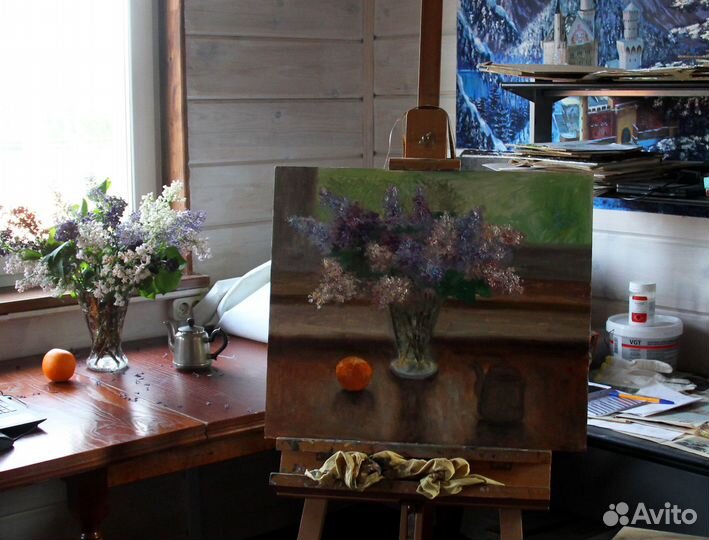 Картина маслом Сирень Натюрморт с чайником