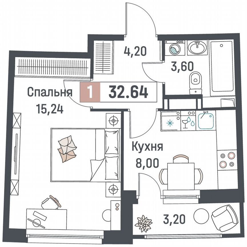 1-к. квартира, 32,6 м², 12/18 эт.