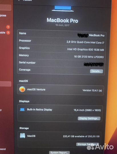 Apple MacBook Pro 15 2017 16GB intel core i7