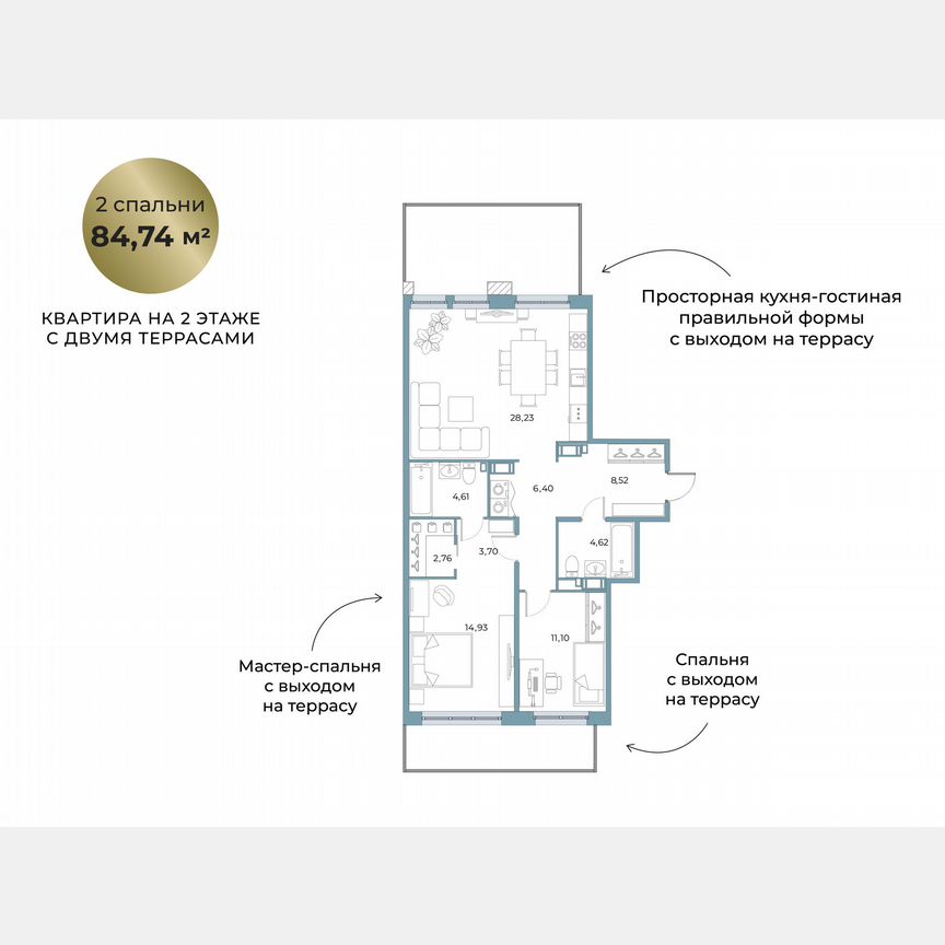 2-к. квартира, 84,7 м², 2/5 эт.