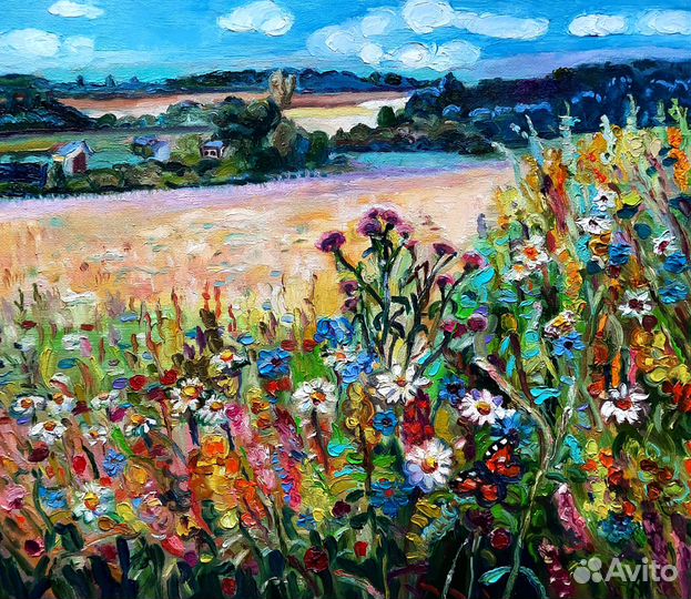 Картина маслом Луговые цветы 30см на 35 см