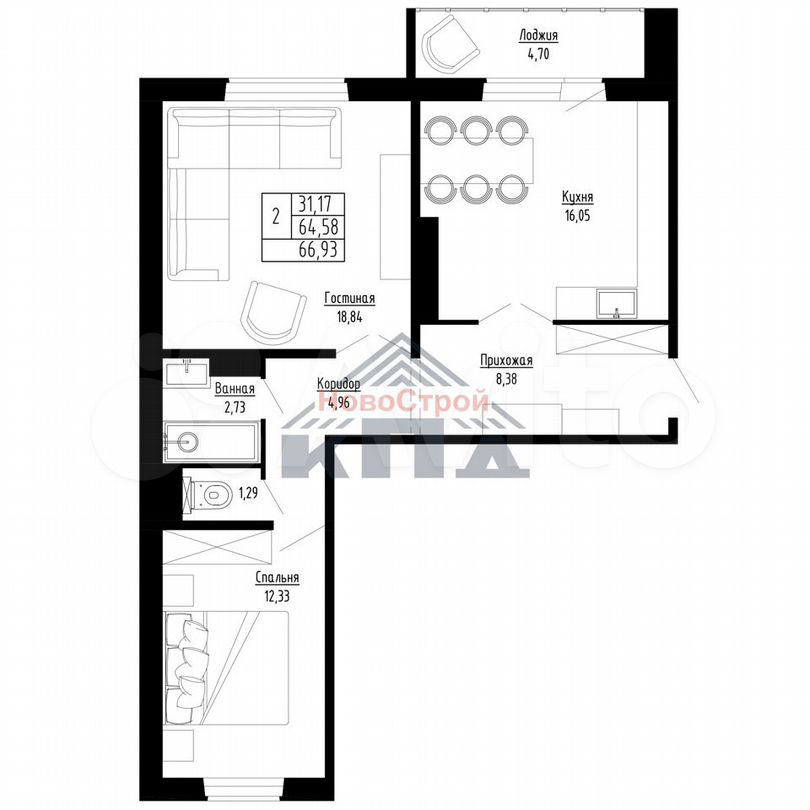 2-к. квартира, 67 м², 5/12 эт.