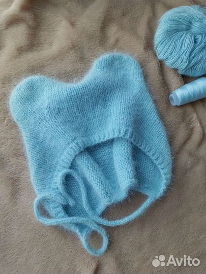 Чепчик мишка из пуха норки. Шапочка с ушками