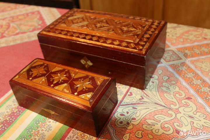 Шкатулки деревянные с инкрустацией соломкой СССР