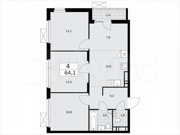 4-к. квартира, 64,1 м², 12/16 эт.