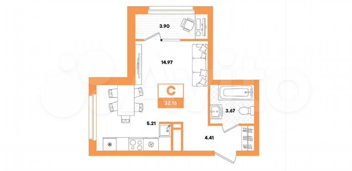Квартира-студия, 32,2 м², 2/22 эт.