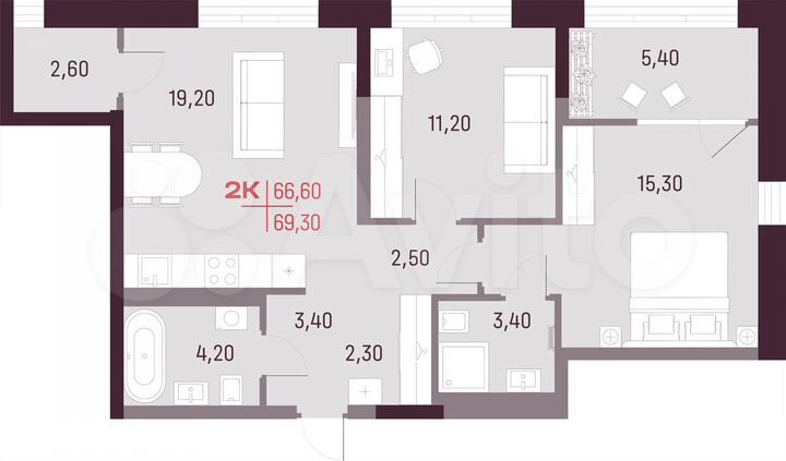2-к. квартира, 66,6 м², 19/25 эт.