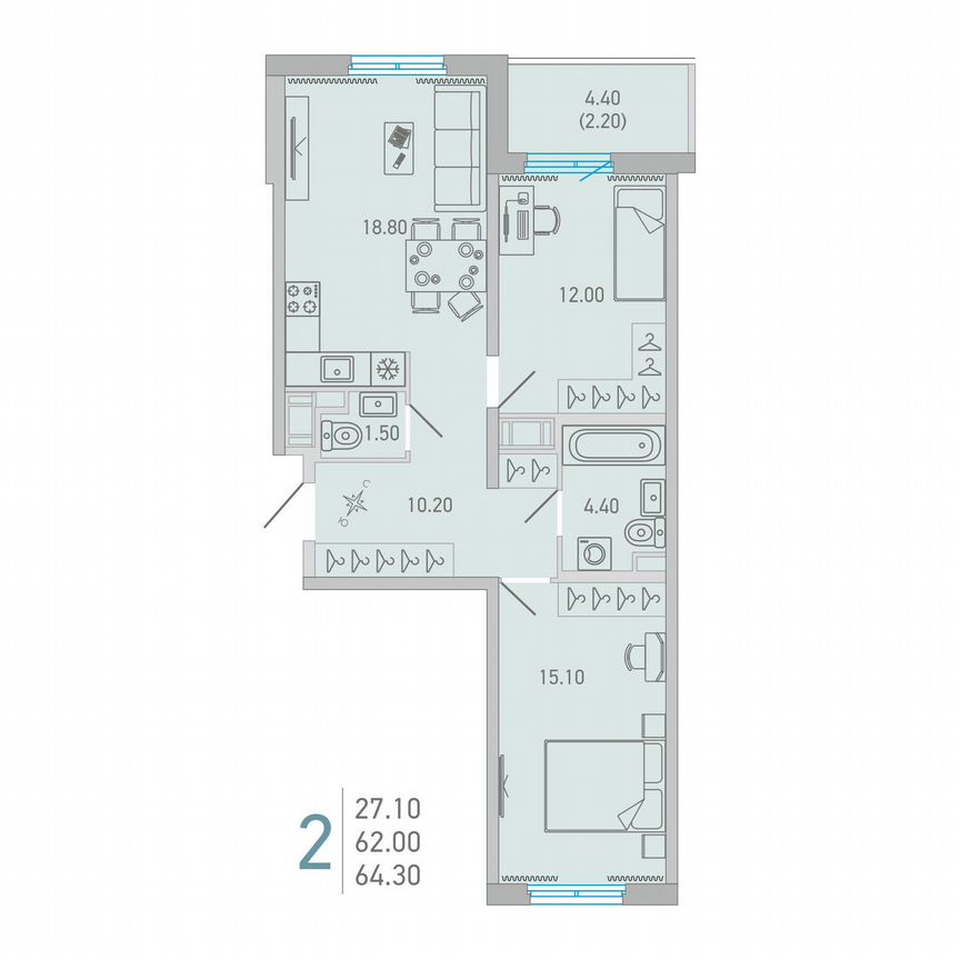 2-к. квартира, 64,3 м², 10/17 эт.