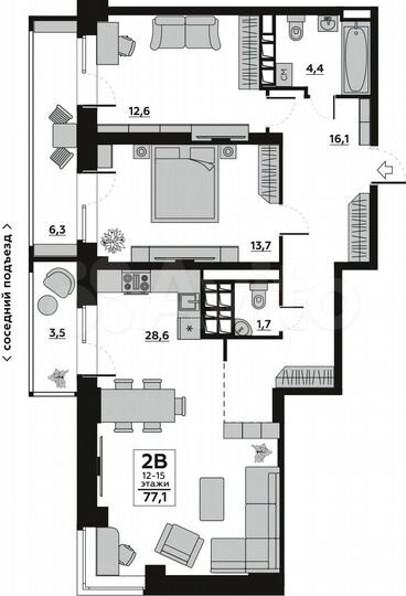 2-к. квартира, 82 м², 12/19 эт.