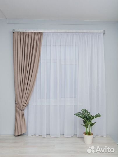 Готовый тюль на ленте канвас белый, кремовый